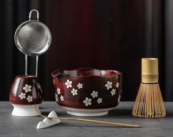 Matcha Bowl Set | Deep Red Cherry Blossom Wavy Edge Japanese Tea Ceremony Kit