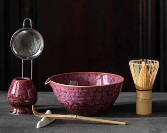 Handgemaakte paars matcha-schaalset voor ovenwissel: gereedschap voor Japanse theeceremonie