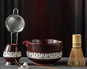 Matcha Bowl Set | Deep Red Drip Glaze Wavy Edge Japanese Tea Ceremony Kit