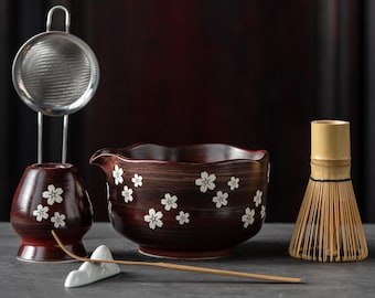 Matcha Bowl Set Handmade Dark Red Cherry Blossom Matcha Kit with Whisk