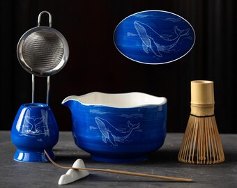 Hand-Painted Blue Whale Ceramic Matcha Set, Japanese Tea Ceremony Kit