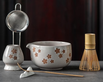Handmade Rustic Sakura Matcha Bowl Set, Japanese Tea Ceremony Kit with Bamboo Whisk