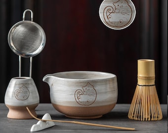 Hand-Carved Cat Ceramic Matcha Bowl Set – Wabi-Sabi Japanese Tea Ceremony Kit