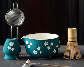 Matcha Bowl Set | Teal Deep Lake Blue Cherry Blossom Japanese Tea Ceremony Kit