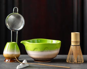 Matcha Bowl Set - Green Gradient Wavy Edge Japanese Tea Ceremony Kit with Bamboo Whisk