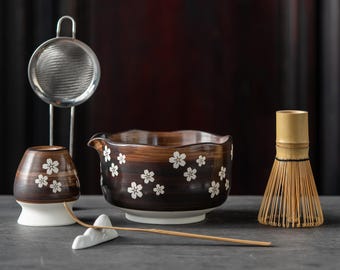 Handmade Brown Sakura Matcha Bowl Set - Traditional Japanese Tea Ceremony Kit with Chasen