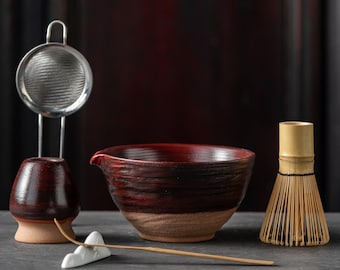 Matcha Bowl Set - Rustic Red Half Glaze Wabi-Sabi Japanese Tea Ceremony Kit