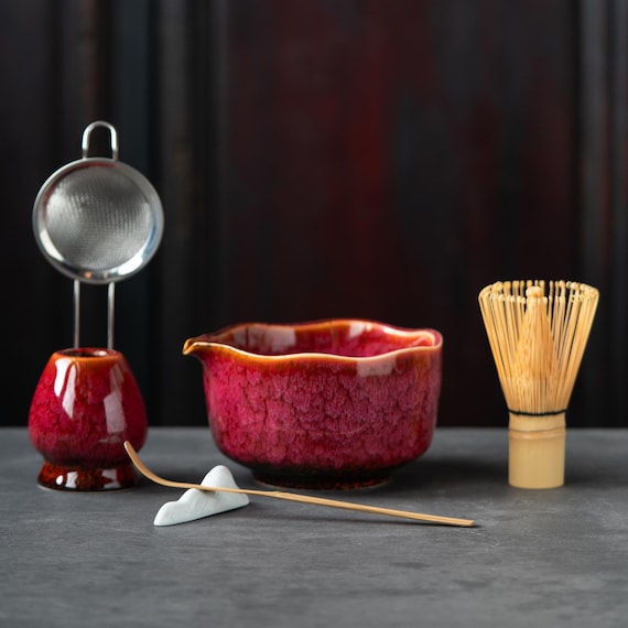 Matcha Tea Set, Reactive Red Glaze Whisking Bowl with Bamboo Chasen, Sifter & Scoop. Japanese Ceramic Kit, Zen Gift for Tea Lovers
