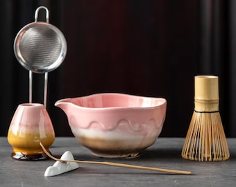 Handmade Pink Gradient Wavy Edge Matcha Bowl Set | Japanese Tea Ceremony Kit