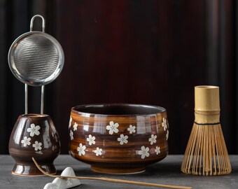 Matcha Bowl Set Wood Grain Brown Cherry Blossom Japanese Tea Kit with Bamboo Whisk - Handmade Gift for Tea Lovers