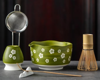 Japanese Matcha Tea Set, Green Sakura Chawan with Bamboo Whisk, Traditional Tea Ceremony Kit