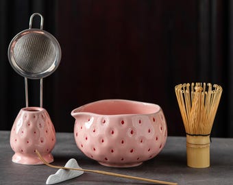 Pink Strawberry Ceramic Matcha Set,Japanese Matcha Bowl with Whisk Holder Strainer, Kawaii Tea Ceremony Kit, Cute Tea Lover Gift