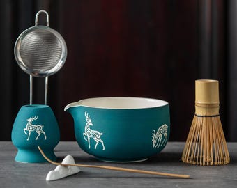 Matcha Bowl Set | Teal Green Ceramic Deer Pattern Japanese Tea Ceremony Kit