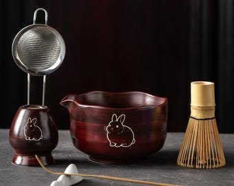 Handmade Rabbit Matcha Bowl Set, Japanese Tea Kit with Bamboo Whisk