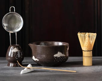 Matcha Bowl Set Hand-Painted Black Cloud Ceramic | Japanese Tea Ceremony Kit