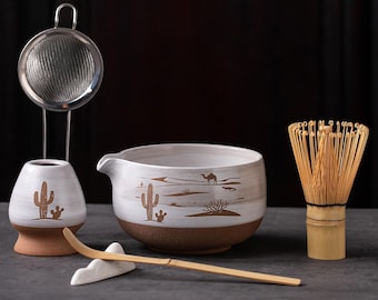 Matcha Bowl Set | Hand-Painted Desert Cactus Ceramic Chawan with Bamboo Whisk