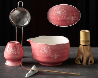 Matcha Bowl Set - Pink Lily Flower Wavy Edge Japanese Tea Ceremony Kit