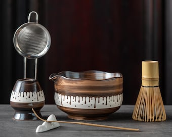 Matcha Bowl Set | Brown Drip Glaze Wavy Edge Japanese Tea Ceremony Kit