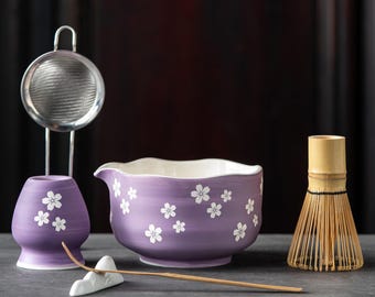 Lavender Sakura Matcha Bowl Set: Japanese Tea Ceremony Tools