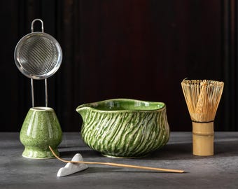 Complete Textured Green Matcha Bowl Set, Spouted Ceramic Chawan Japanese Tea Ceremony Kit