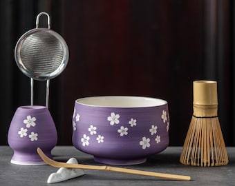 Lavender Purple Sakura Matcha Bowl Set - Japanese Tea Ceremony Kit with Bamboo Whisk, Handmade Gift for Tea Lovers