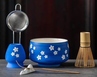 Matcha Bowl Set Royal Blue Cherry Blossom Japanese Tea Kit with Bamboo Whisk - Handmade Gift for Tea Lovers