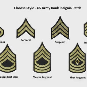 May include: Various US Army rank insignia patches. The image displays patches for Private First Class, Corporal, Sergeant, Staff Sergeant, Sergeant First Class, Master Sergeant, and First Sergeant. Each patch features gold chevrons on a black background.