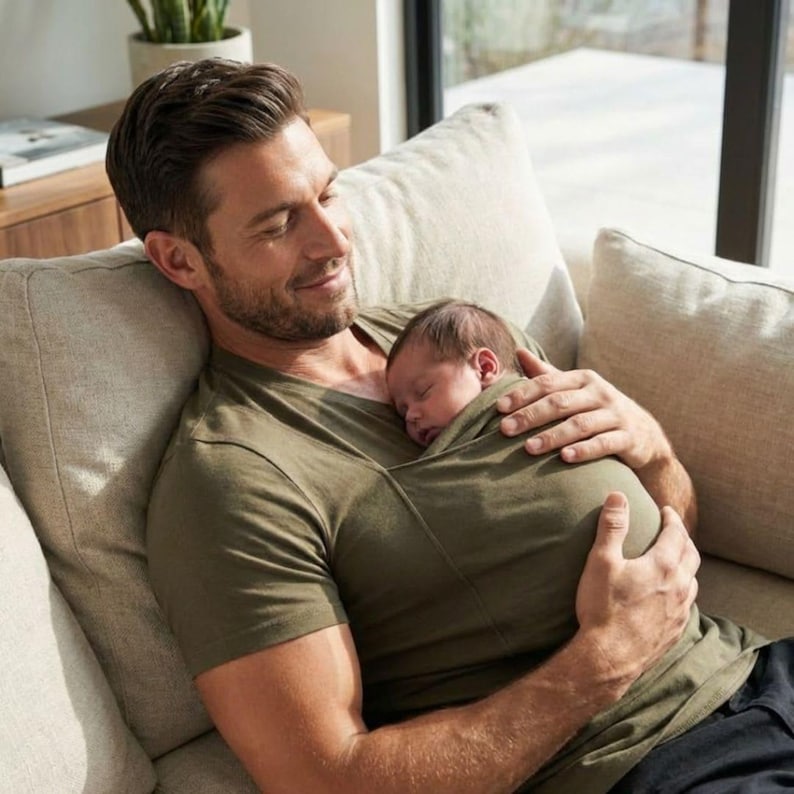 Pu&ograve; includere: Maglietta porta beb&egrave; verde oliva con tasca incorporata, progettata per tenere un bambino vicino. La maglietta &egrave; indossata da una persona seduta su un divano beige. Il bambino &egrave; avvolto nello stesso tessuto verde oliva.
