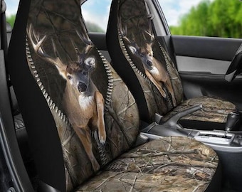 Fundas para asientos de coche con estampado 3D de camuflaje y cremallera para caza de ciervos, funda para asiento delantero