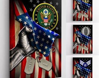 Personalized Canvas 1.5in Frame - USA Flag With Military Ranks/Insignia - Personalized Name & Ranks