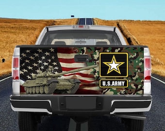 Military Car Wrap, Us Tank American Flag Camo Pattern Tailgate Wrap Waterproof Tailgate Sticker Decal- Auto Car Sunshade - License Plate