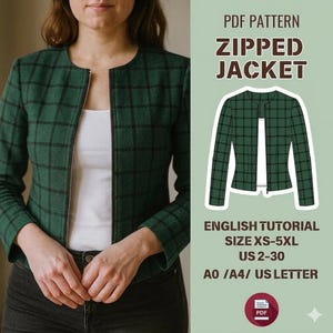 May include: A dark green jacket with a black grid pattern, featuring a round neckline and a front zipper. The image includes text: PDF PATTERN ZIPPED JACKET, ENGLISH TUTORIAL, SIZE XS-5XL, US 2-30, A0/A4/US LETTER, and a PDF icon.