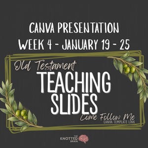 May include: A Canva presentation slide design with the text "Old Testament Teaching Slides" in white, framed by a green border and olive branches. The text "Week 4 - January 19-25" is also included.