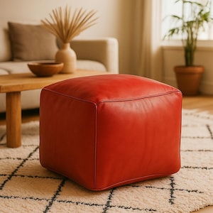 Red Moroccan Leather Ottoman | Handcrafted Square Pouf, Genuine Leather Footstool, Bohemian Living Room Decor