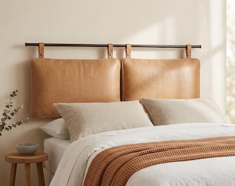 Cuscino da appendere per testiera in pelle / Copritestiera in pelle marocchina color sabbia / Montaggio a parete, misure King e Queen / Arredamento moderno boho per il letto