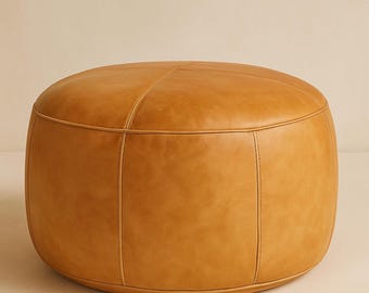 Handmade Camel Brown Leather Pouf: Moroccan Boho Footstool