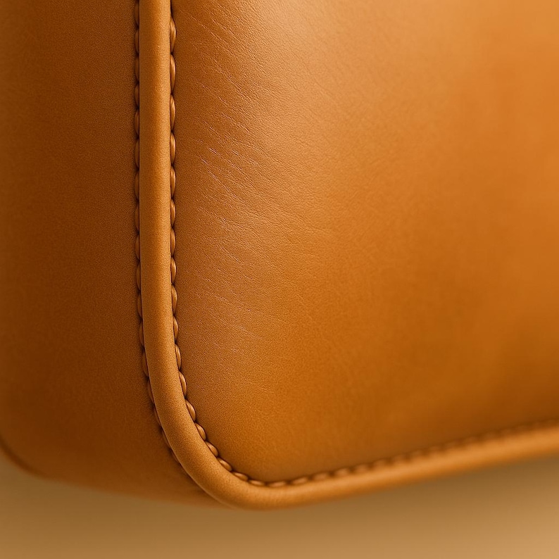 May include: Close-up of a section of a tan leather bag. The leather has a smooth texture with visible grain. The edges are neatly stitched with a contrasting thread, showcasing the craftsmanship and design of the bag.