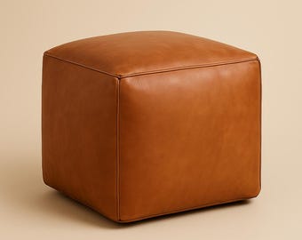 Tan Brown Moroccan Leather Pouf – Handmade Genuine Leather Ottoman, Square Boho Footstool