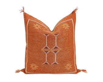 Handgewebter Rost Orange Kaktus Seide Kissenbezug, marokkanisches Berber Sabra Kissen, Boho Decor