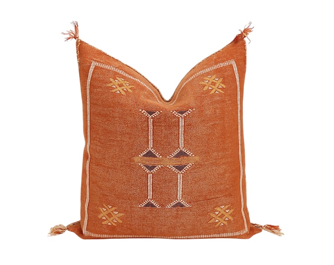 Handwoven Rust Orange Cactus Silk Pillow Cover, Moroccan Berber Sabra Cushion, Boho Decor