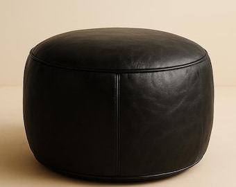 Czarny puf ze skóry marokańskiej – ręcznie robiony puf ze skóry naturalnej, okrągły podnóżek w stylu boho, dekoracyjna poduszka podłogowa