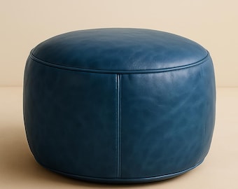 Navy Blue Genuine Leather Moroccan Pouf Ottoman, Boho Footstool, Handmade Living Room Decor