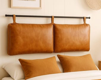 Modern Tan Brown Leather Headboard – Handmade Upholstered Bed Backboard, Wall-Mounted Minimalist Bedroom Wall Decor