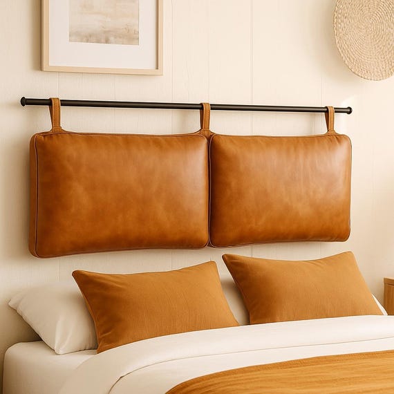Modern Tan Brown Leather Headboard – Handmade Upholstered Bed Backboard, Wall-Mounted Minimalist Bedroom Wall Decor