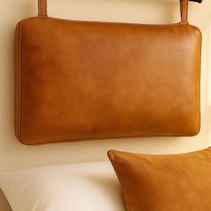 May include: A rectangular, tan leather headboard with two hanging straps. The headboard is a solid color and has a smooth texture. A matching tan pillow is in the foreground, resting on a white pillow.