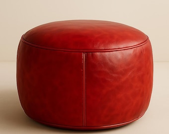 Pouf/ottomana marocchino in pelle rossa – Poggiapiedi rotondo fatto a mano, cuscino da pavimento boho, decorazione in vera pelle