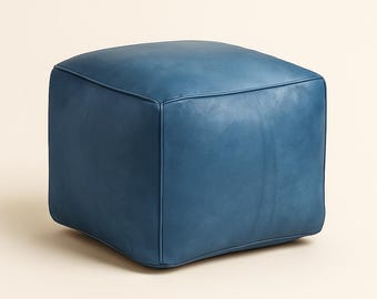 Handmade Denim Blue Leather Pouf: Square Moroccan Ottoman Cover