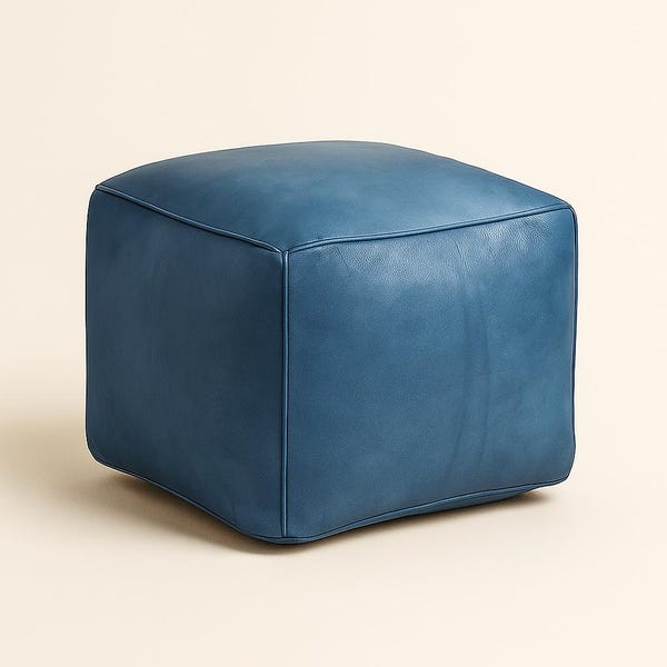 Puf de cuero azul vaquero hecho a mano: funda otomana marroquí cuadrada