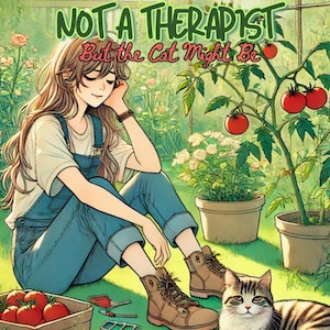 May include: An illustrated scene with a woman in denim overalls and brown boots, sitting in a garden. The text reads "THE GARDEN IS NOT A THERAPIST But the Cat Might Be." A tabby cat is lying on the grass. Tomatoes and gardening tools are also visible.
