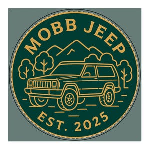 May include: Circular emblem with the text "MOBB JEEP" in gold, featuring a Jeep SUV illustration, mountains, and trees. The text "EST. 2025" is at the bottom. The background is dark green with a light gray border.
